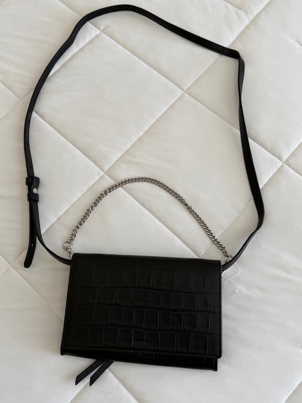 Black Croc-Embossed Leather Crossbody Bag with Chain Handle